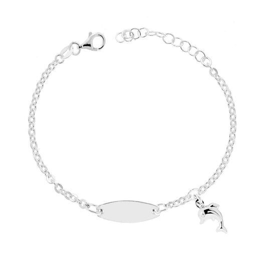 Armband für Jungen und Mädchen mit ovalem Plättchen, feiner Kette, runder diamantierter Delfin, aufgewölbt, aus 925er Silber - MeinSchmuckShop