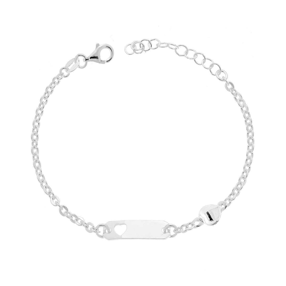 Armband für Jungen und Mädchen mit rechteckiger Plakette, durchbrochenem Herz, runder diamantierter Forzatina-Kette und erhabenem Herz aus Silber 925 - MeinSchmuckShop