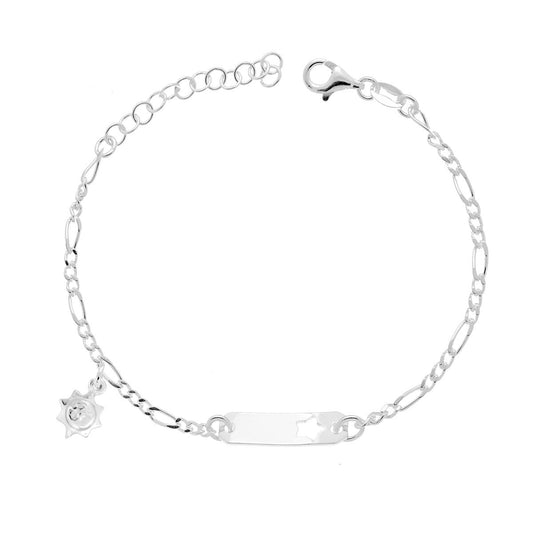 Armband mit Plakette für Jungen/Mädchen, abwechselnde Figaro-Kette 3+1, mit ausgestanztem Stern und Sonnenanhänger aus Sterlingsilber (925) - MeinSchmuckShop