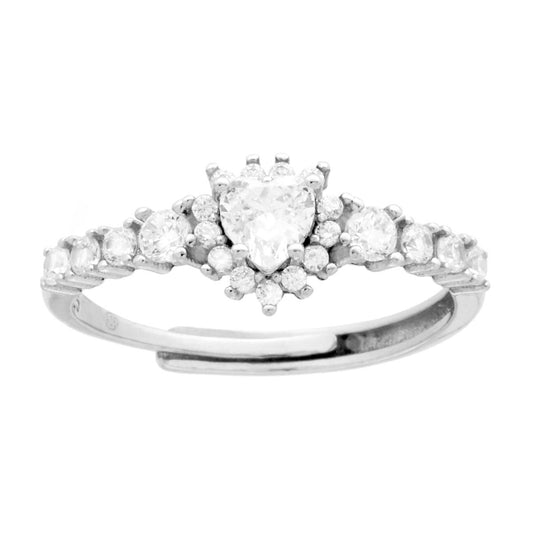 Veretta-Ring mit weißem Herz, umgeben von weißen Cubic-Zirkonias, in 925er Silber rhodiniert. - MeinSchmuckShop