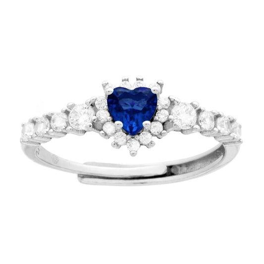 Ring Veretta Blaues Herz-Saphir, umrundet von weißen Cubic Zirconia, aus 925er Silber rhodiniert. - MeinSchmuckShop