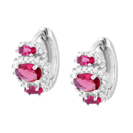 Ohrhänger – Ring mit Schnappverschluss, oval rubinrot mit weißen Cubic Zirconia, in 925er Silber rhodiniert. - MeinSchmuckShop