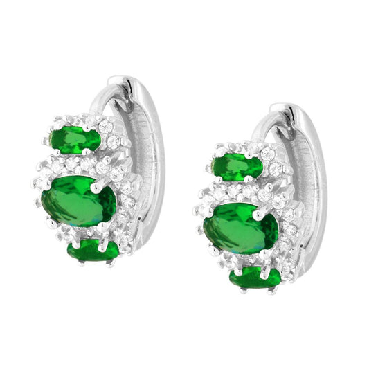 Ohrringe Kreis-Schwenk, oval Smaragdgrün mit weißen Cubic Zirconia, aus 925er Silber rhodiniert - MeinSchmuckShop