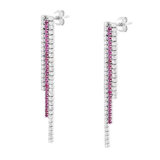 Ohrringe mit drei Strängen Tennis-Cubic-Zirconia, rubinrot und weiß, aus Silber 925, rhodiniert - MeinSchmuckShop