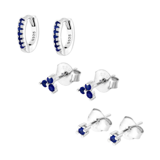 Set Ohrringe Combo Kreis Kleeblatt und Punkt-Licht Cubic Zirconia Weiße und Blaue Saphire in 925er Silber galvanisch rhodiniert - MeinSchmuckShop
