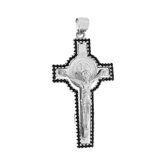 Kreuzanhänger mit Jesus Christus und schwarzen Cubic-Zirconia, Silber 925, rhodiniert. - MeinSchmuckShop