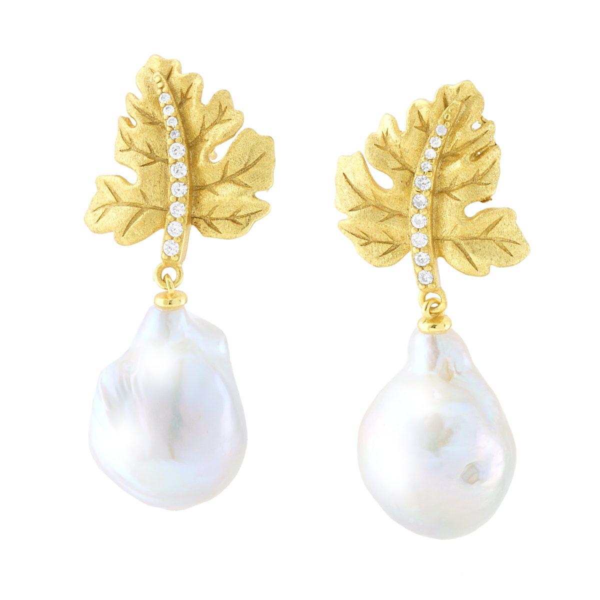 Ohrringe Blatt mit Scaramazza-Perle, Anhänger und weiße Cubic Zirconia, Silber 925, galvanisch Gold veredelt - MeinSchmuckShop