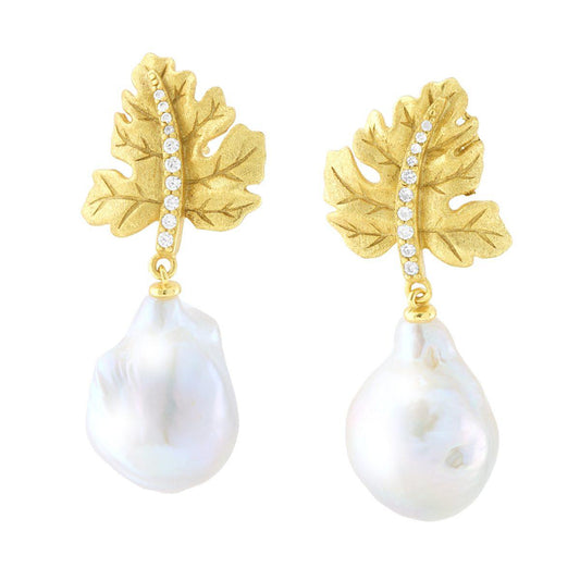 Ohrringe Blatt mit Scaramazza-Perle, Anhänger und weiße Cubic Zirconia, Silber 925, galvanisch Gold veredelt - MeinSchmuckShop