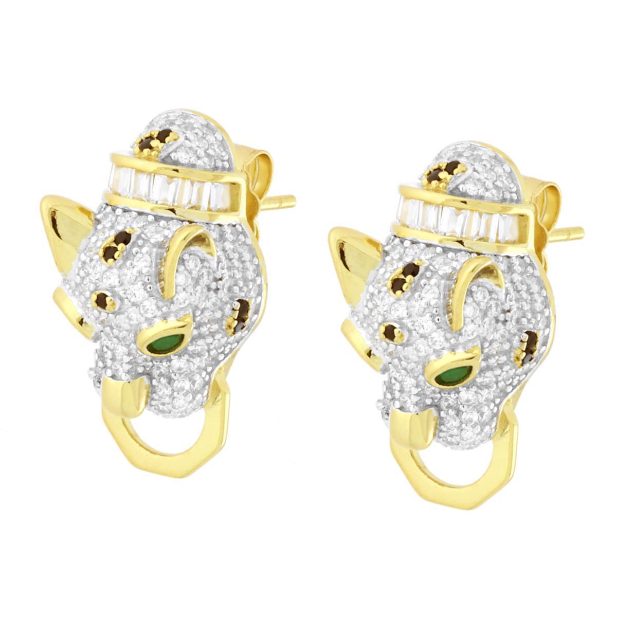 Ohrringe Pantherkopf mit Cubic Zirconia Smaragdgrün und Weiß in 925er Silber, goldgalvanisch - MeinSchmuckShop