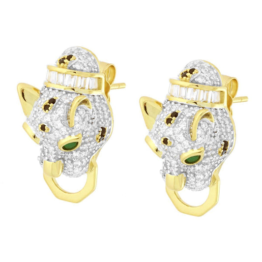 Ohrringe Pantherkopf mit Cubic Zirconia Smaragdgrün und Weiß in 925er Silber, goldgalvanisch - MeinSchmuckShop