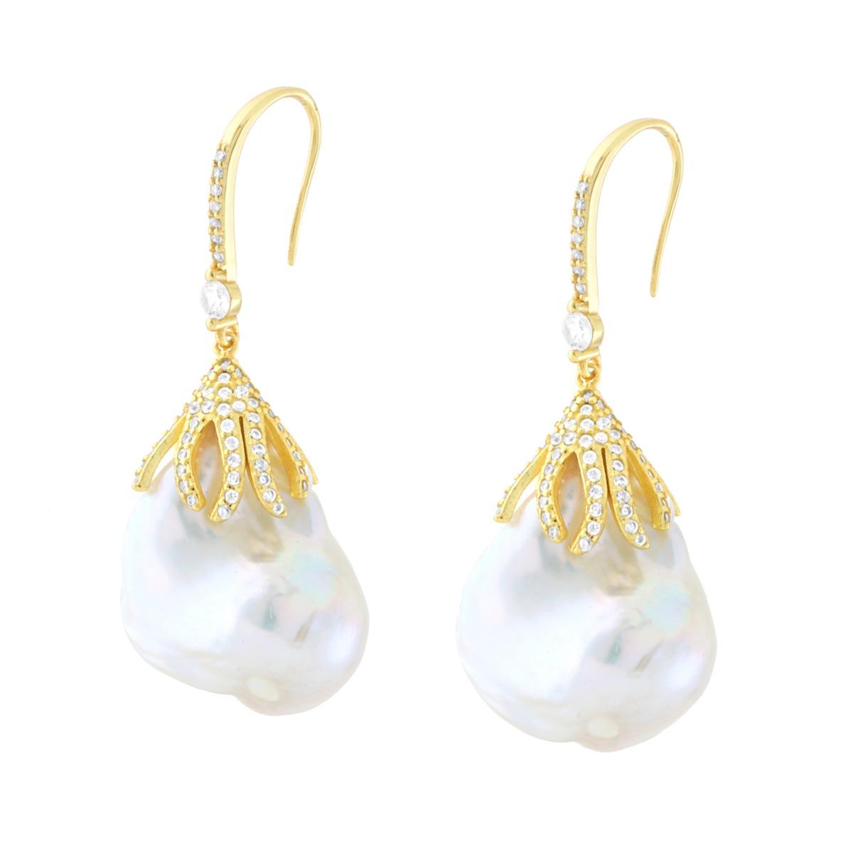 Ohrringe mit Fischhaken, Blatt auf Perle Scaramazza und weiße Cubic Zirconia, aus 925er Silber, galvanisch goldbeschichtet - MeinSchmuckShop