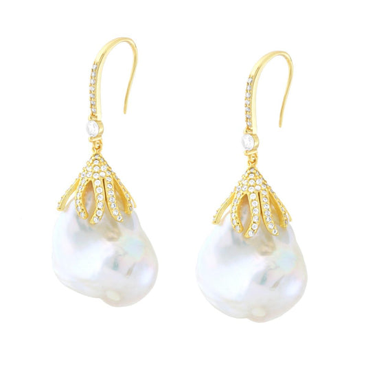 Ohrringe mit Fischhaken, Blatt auf Perle Scaramazza und weiße Cubic Zirconia, aus 925er Silber, galvanisch goldbeschichtet - MeinSchmuckShop