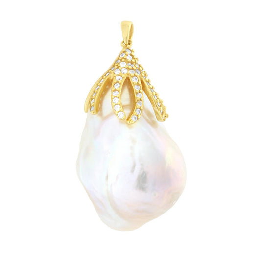 Anhänger mit Blatt auf Perle Scaramazza und weißen Cubic Zirconia, aus 925er Silber galvanisch vergoldet - MeinSchmuckShop