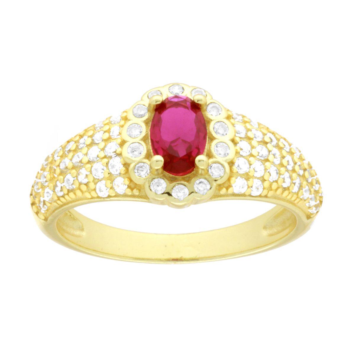 Ovaler Ring rubinrot, umgeben von weißen Cubic Zirconia, aus 925er Silber, galvanisch mit Gold veredelt. - MeinSchmuckShop