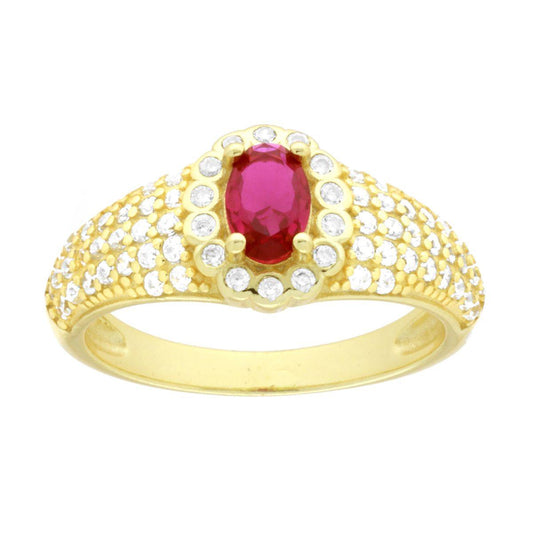 Ovaler Ring rubinrot, umgeben von weißen Cubic Zirconia, aus 925er Silber, galvanisch mit Gold veredelt. - MeinSchmuckShop