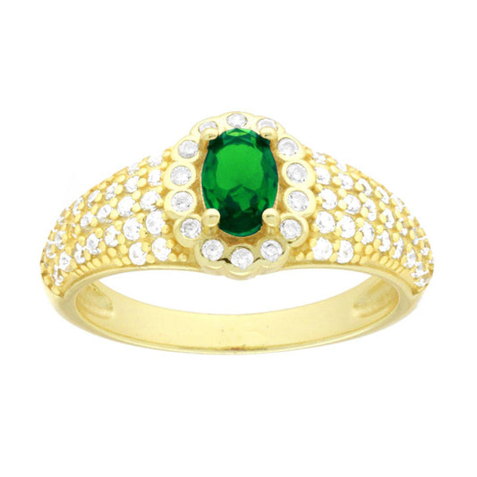 Ovaler Ring, smaragdgrün, umgeben von weißen Cubic Zirconia, aus 925er Silber, galvanisch Gold beschichtet - MeinSchmuckShop