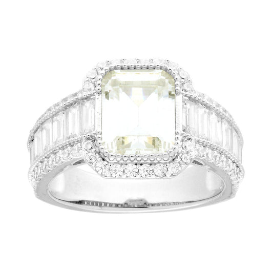 Solitärring mit quadratischem Citrinquarz, kubischer Zirkonia und weißen Baguette-Diamanten aus 925er Silber, rhodiniert. - MeinSchmuckShop