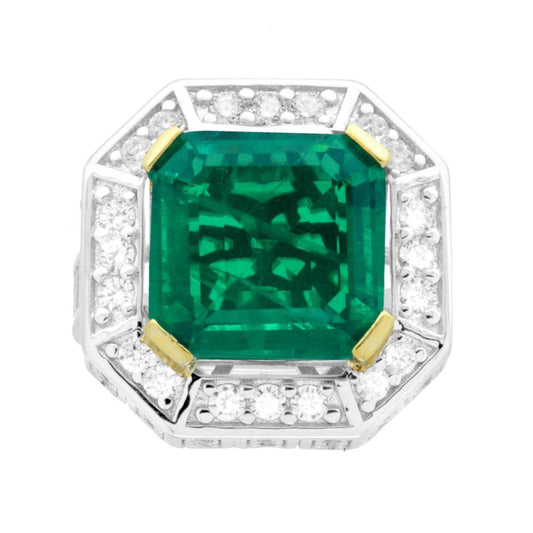 Octagonaler smaragdgrüner Solitärring mit weißen Zirkonien, 925er Silber, galvanisch rhodiniert und vergoldet. - MeinSchmuckShop