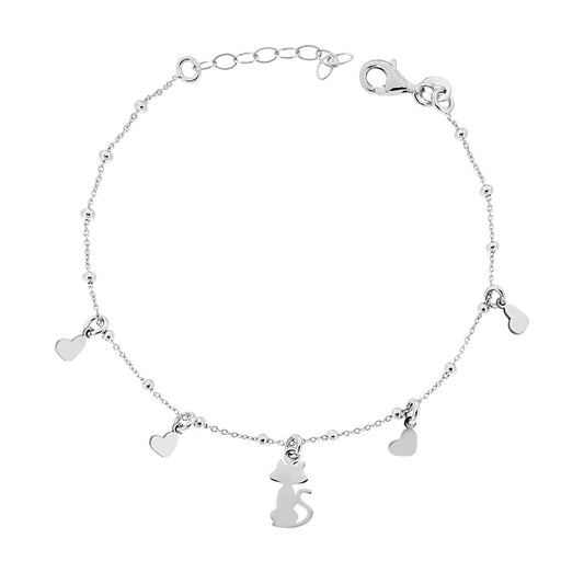 Armband-Kette Forzatina mit Katze und Herzen, einfache Anhänger aus 925er Silber, rhodiniert - MeinSchmuckShop