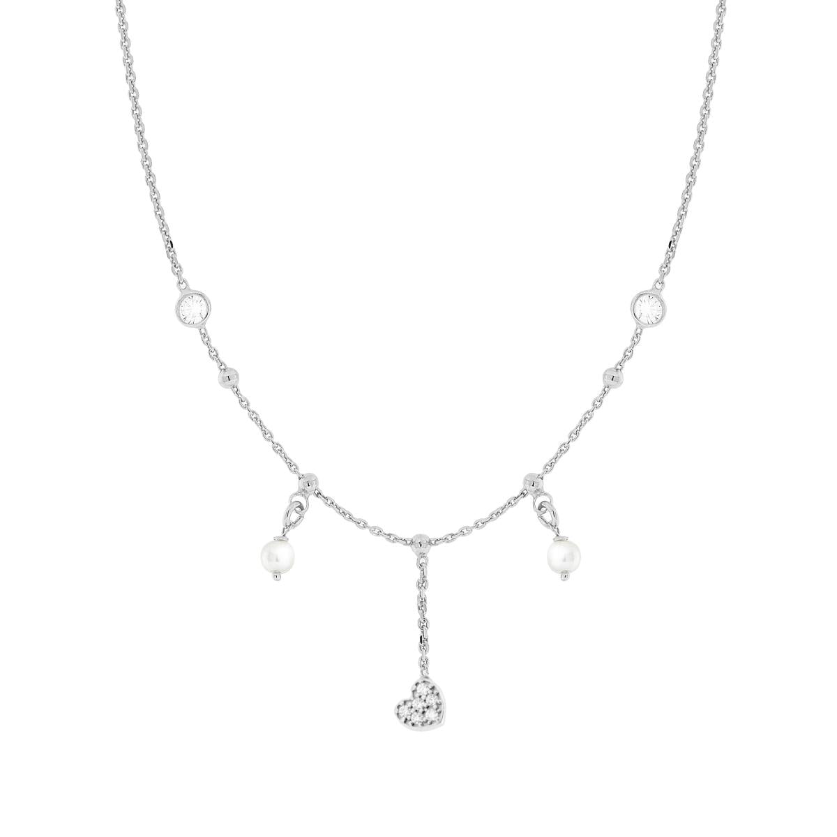 Halskette mit diamantierter Forzatina-Kette, Perle, Herz und weißem Cubic Zirconia, aus 925er Silber, rhodiniert galvanisch - MeinSchmuckShop