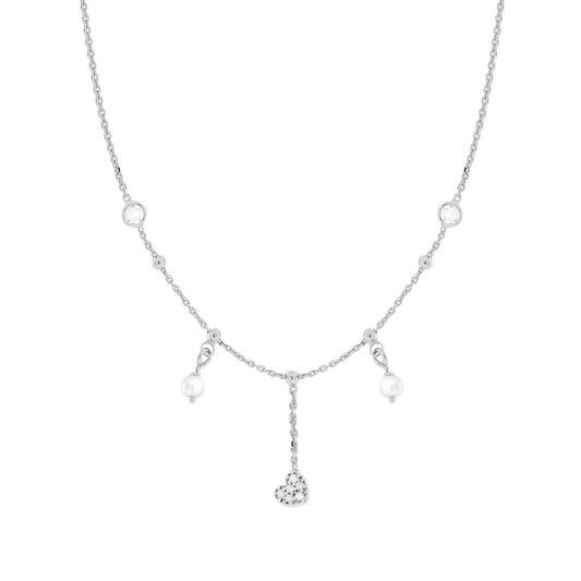 Halskette mit diamantierter Forzatina-Kette, Perle, Herz und weißem Cubic Zirconia, aus 925er Silber, rhodiniert galvanisch - MeinSchmuckShop