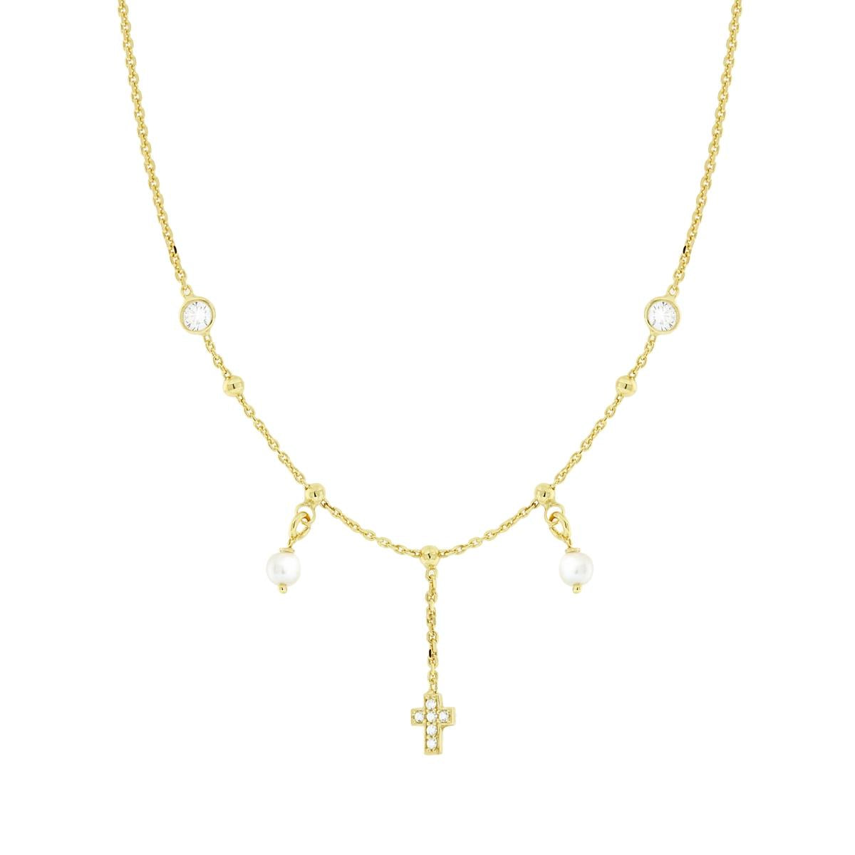 Kette Forzatina, diamantiert, mit Perle, Kreuz und weißen Cubic Zirconia, aus 925er Silber, goldgalvanisiert - MeinSchmuckShop