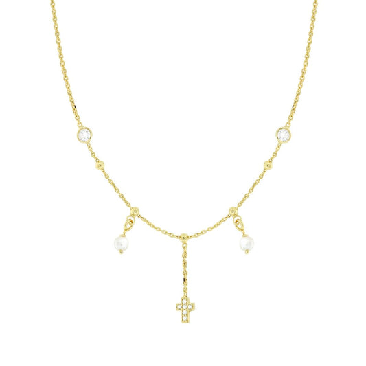 Kette Forzatina, diamantiert, mit Perle, Kreuz und weißen Cubic Zirconia, aus 925er Silber, goldgalvanisiert - MeinSchmuckShop