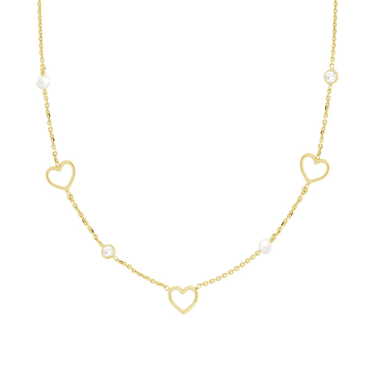 Halskette mit diamantierter Gliederkette, Perlen, Herzen und weißen Zirkonien, aus Silber 925, goldgalvanisiert - MeinSchmuckShop