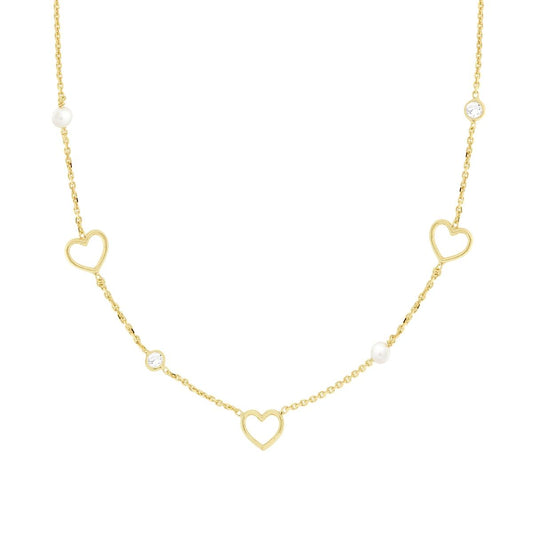 Halskette mit diamantierter Gliederkette, Perlen, Herzen und weißen Zirkonien, aus Silber 925, goldgalvanisiert - MeinSchmuckShop