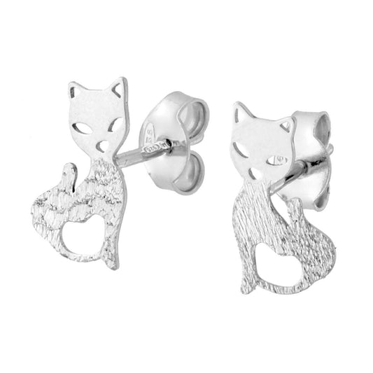 Ohrringe Katze mit Diamant-Herz aus 925er Silber, Rhodium-Beschichtung - MeinSchmuckShop
