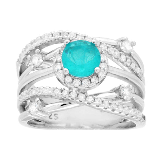 Ring mit rundem Band, Paraiba-Turmalin, umgeben von weißen Cubic Zirconia, aus Silber 925, rhodiniert. - MeinSchmuckShop