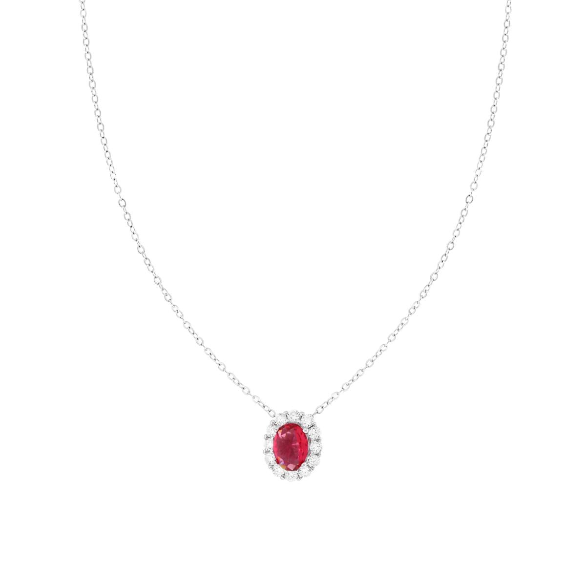 Halskette – Forzatina-Kette diamantiert, mit rotem Rubinoval, umrandet von weißen Cubic Zirconia, aus 925er Silber, rhodiniert - MeinSchmuckShop