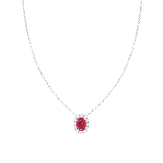 Halskette – Forzatina-Kette diamantiert, mit rotem Rubinoval, umrandet von weißen Cubic Zirconia, aus 925er Silber, rhodiniert - MeinSchmuckShop
