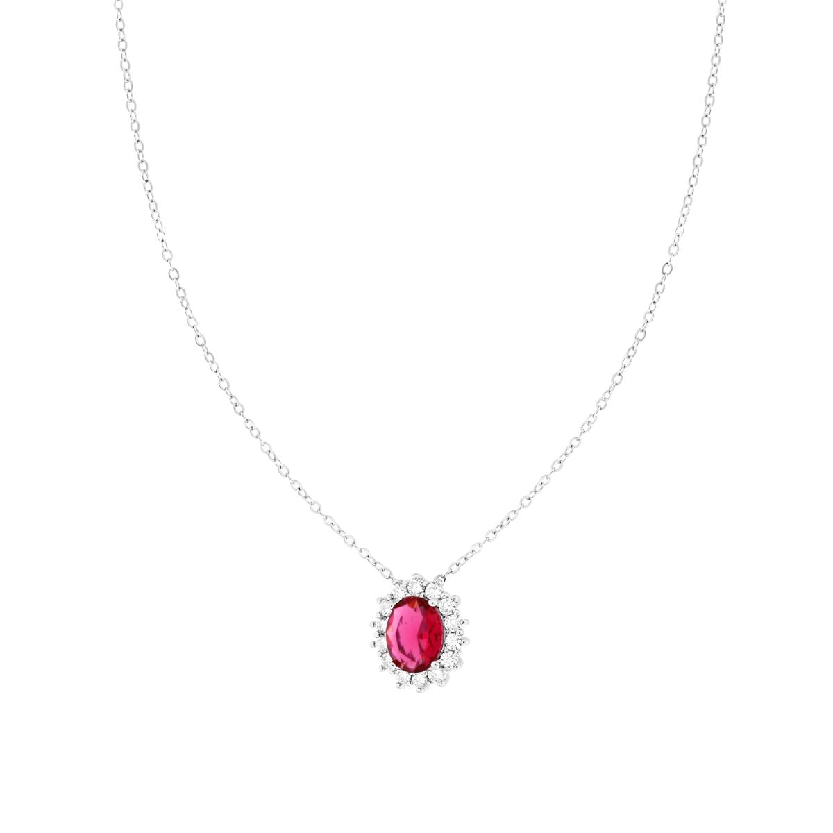 Halskette aus einer Forzatina-Kette, diamantiert, mit rotem Rubinoval, umrundet von weißen Cubic Zirconia, aus Silber 925, rhodiniert - MeinSchmuckShop