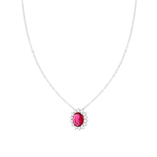 Halskette aus einer Forzatina-Kette, diamantiert, mit rotem Rubinoval, umrundet von weißen Cubic Zirconia, aus Silber 925, rhodiniert - MeinSchmuckShop