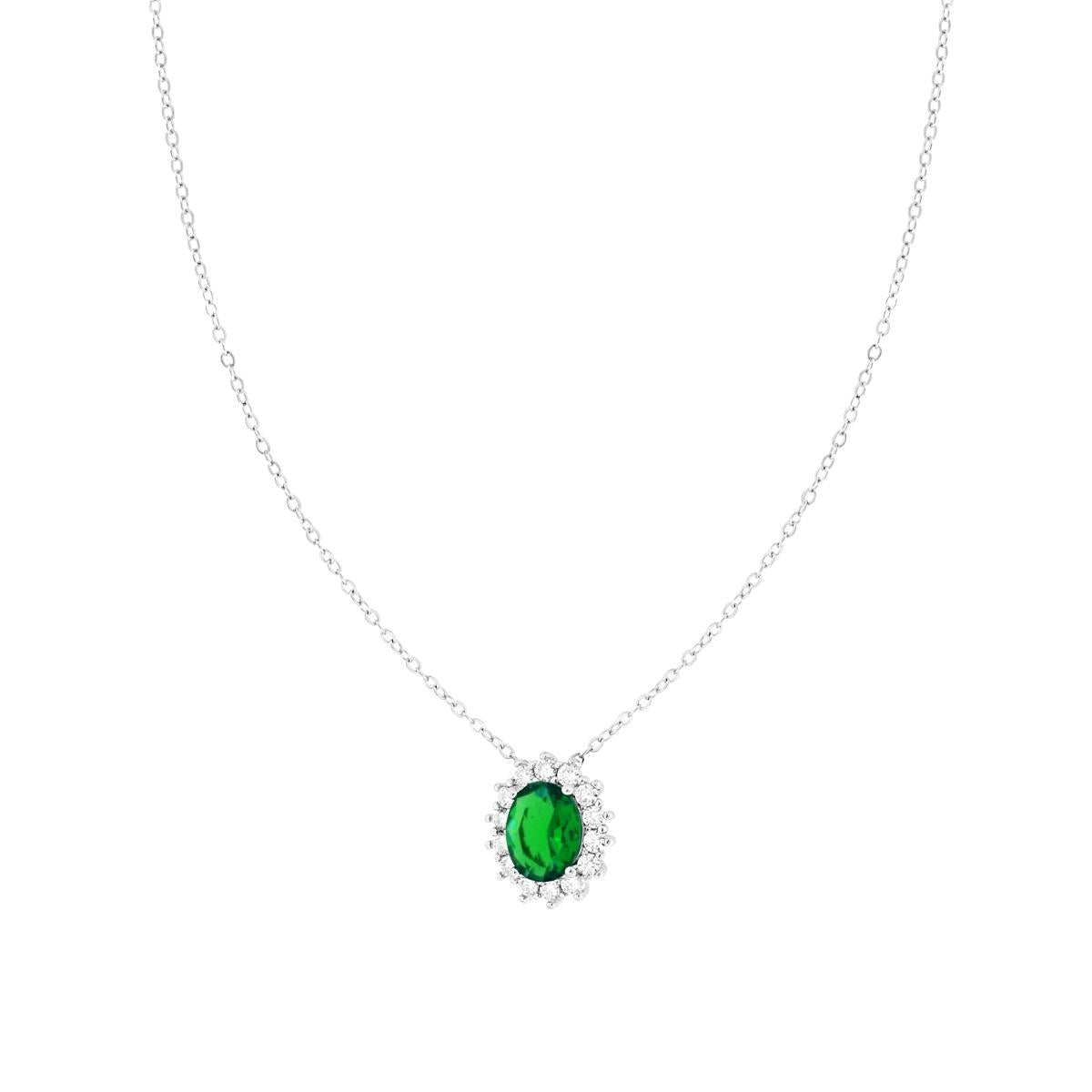 Diamantierte Forzatina-Kette mit grünem Smaragd-Oval, umrahmt von weißen Cubic Zirconia, aus 925er Silber, rhodiniert. - MeinSchmuckShop