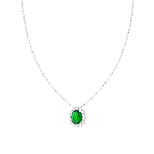 Diamantierte Forzatina-Kette mit grünem Smaragd-Oval, umrahmt von weißen Cubic Zirconia, aus 925er Silber, rhodiniert. - MeinSchmuckShop