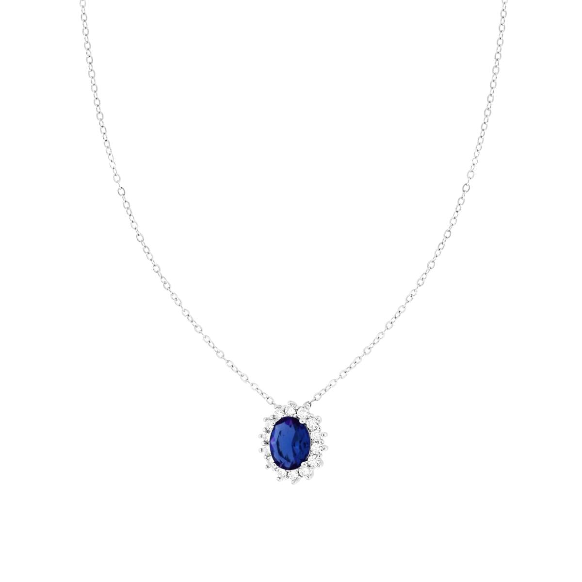 Kette mit Forzatina, diamantiert, mit blauem Saphiroval, umgeben von weißen Cubic Zirconia, aus 925er Silber rhodiniert. - MeinSchmuckShop