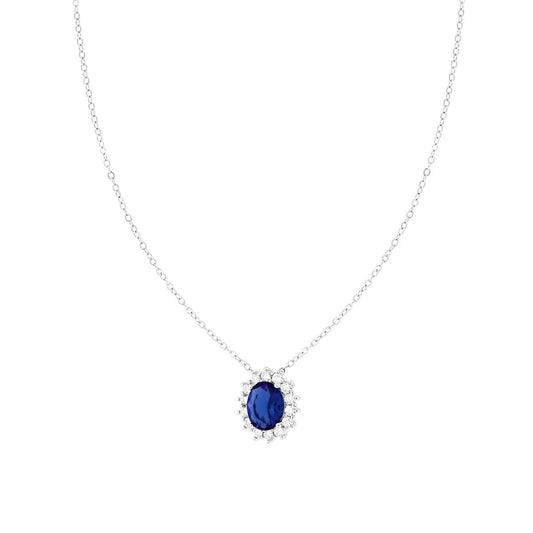 Kette mit Forzatina, diamantiert, mit blauem Saphiroval, umgeben von weißen Cubic Zirconia, aus 925er Silber rhodiniert. - MeinSchmuckShop