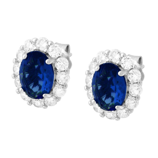 Ohrstecker Ovaler blauer Saphir, von weißen Cubic Zirconia umrahmt, in rhodiniertem 925er Silber. - MeinSchmuckShop