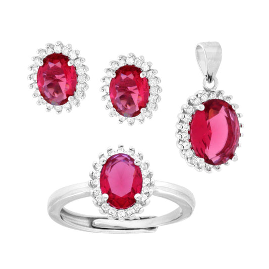 Schmuckset Anhänger Ohrringe Ring, ovaler roter Rubin, umgeben von weißen Cubic Zirconia, in 925er Silber rhodiniert - MeinSchmuckShop