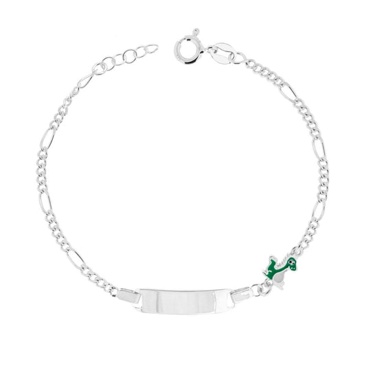 Armband mit Schild, für Jungen und Mädchen, Figaro-Kette, abwechselnd 3+1, und Dinosaurier, mit grünem Emaille, Silber 925 - MeinSchmuckShop