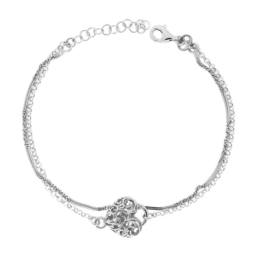 Armband aus zwei Fäden, Rolo-Kette und verdrehtes Pressstück mit Herz aus Silber 925, rhodisch galvanisiert. - MeinSchmuckShop