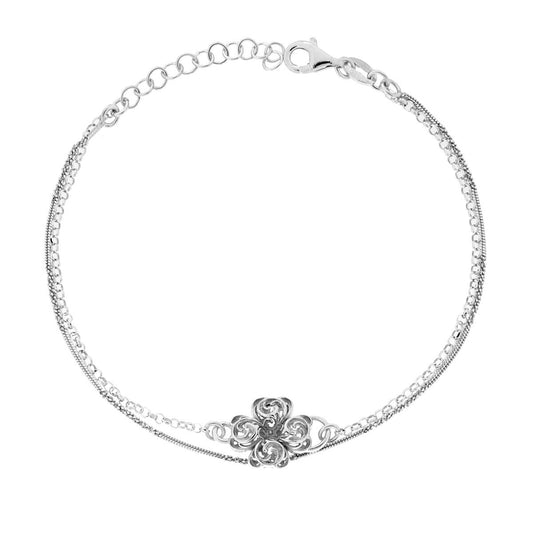 Armband aus zwei Strängen Rolo-Kette und verdrehter Verschluss mit Vierblättrigem Kleeblatt aus Silber 925, rhodiniert galvanisch - MeinSchmuckShop