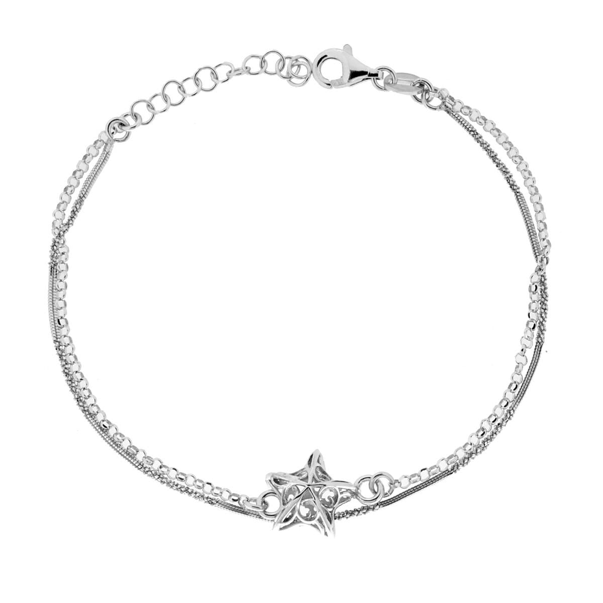 Armband mit zwei Fäden, Rolo-Kette und verdrehter Crimp, mit Stern, aus 925er Sterlingsilber rhodiniert. - MeinSchmuckShop