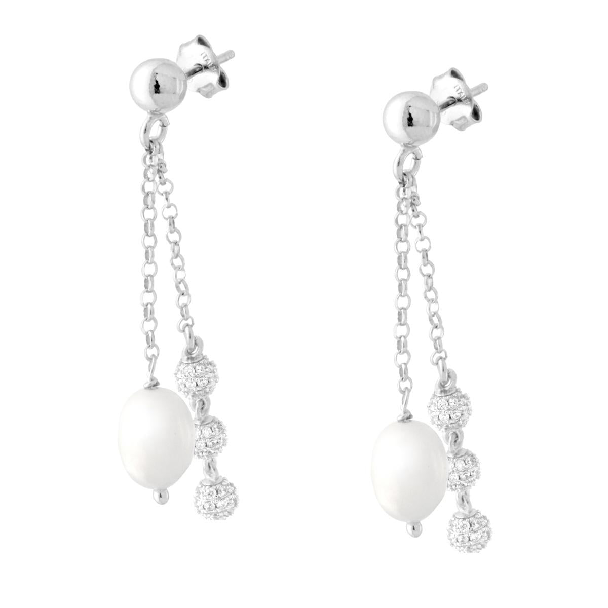 Ohrringe mit zwei Fäden, Rolo-Kette, mit Perle und diamantierten Kugeln aus Silber 925, rhodium-beschichtet - MeinSchmuckShop