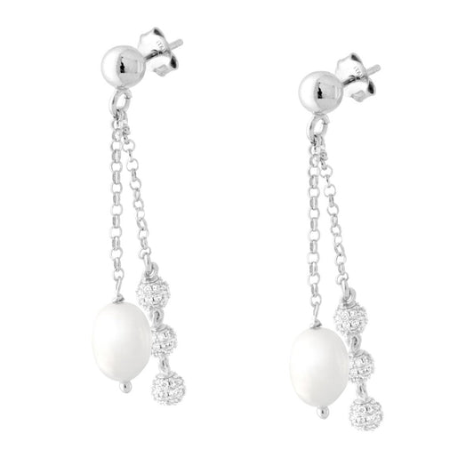 Ohrringe mit zwei Fäden, Rolo-Kette, mit Perle und diamantierten Kugeln aus Silber 925, rhodium-beschichtet - MeinSchmuckShop