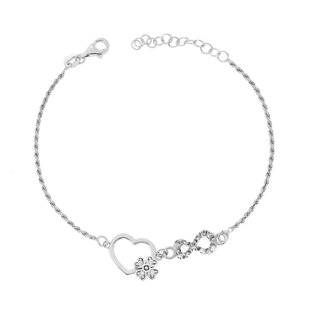 Diamantiertes Kettenarmband mit Herz, Vierblättrigem Kleeblatt und Unendlichkeitssymbol, weiße Cubic Zirconia, aus 925er Silber, rhodiniert. - MeinSchmuckShop