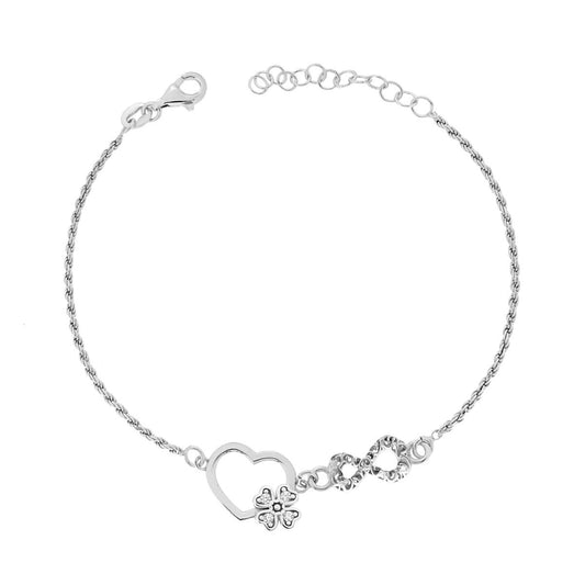 Diamantiertes Kettenarmband mit Herz, Vierblättrigem Kleeblatt und Unendlichkeitssymbol, weiße Cubic Zirconia, aus 925er Silber, rhodiniert. - MeinSchmuckShop