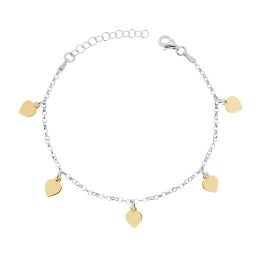 Rolo-Kettenarmband, diamantiert, mit flachen Herz-Anhängern, aus 925er Silber, rhodiniert und vergoldet. - MeinSchmuckShop